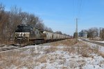 NS 4004 pumps up the air on a grain train before backing on to the last cut of cars